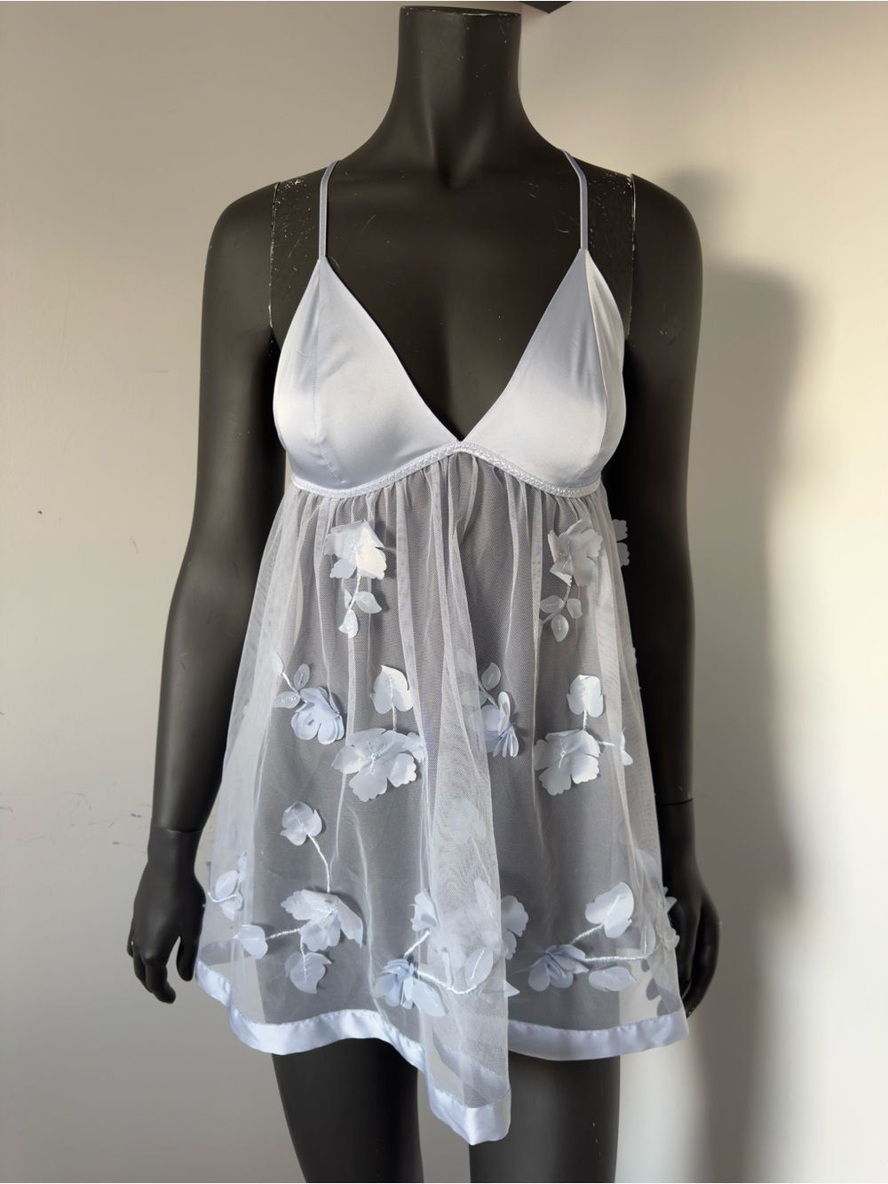 238. Sheer Floral Embroidered Babydoll Chemise - Light Blue